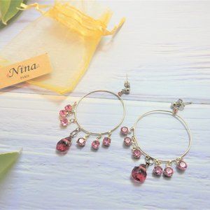 Silver Circle Earrings Pink Crystal Tear Bead